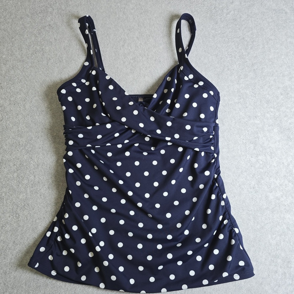 Lands End Tankini Polka dot Swim Top Size 8L Navy Blue Underwired Pool Resort